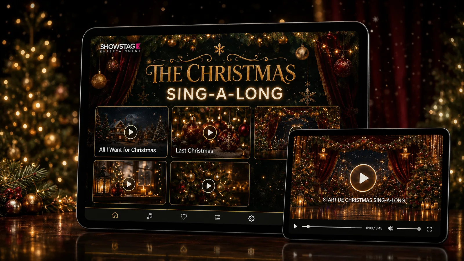 De Christmas Sing-a-long-toepassing op twee schermen, met een overzicht van de kerstnummers en een speler die de sing-a-long start