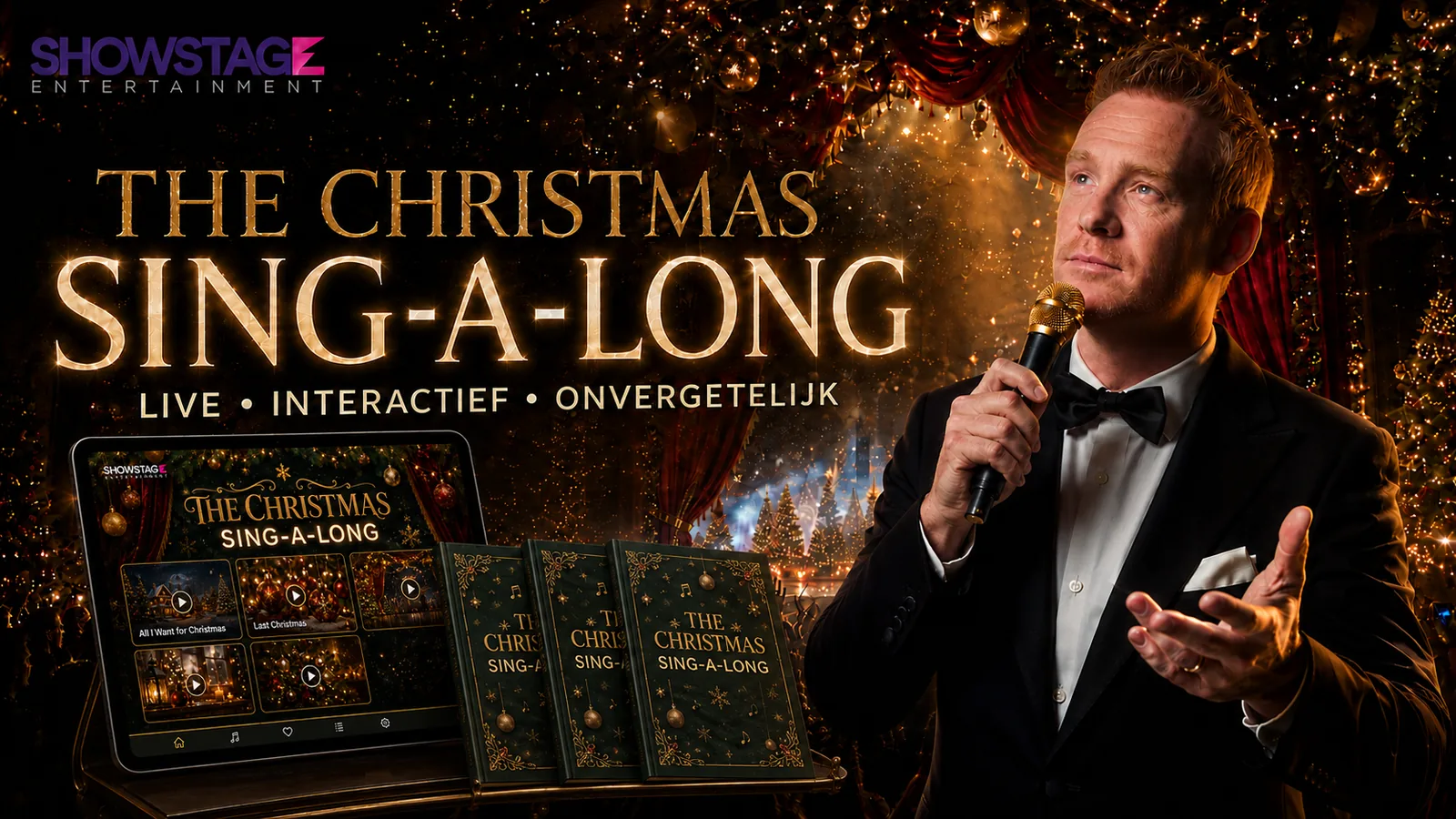 Bernd van de Sanden presenteert The Christmas Sing-a-long tijdens een feestelijk kerstevenement van Showstage Entertainment