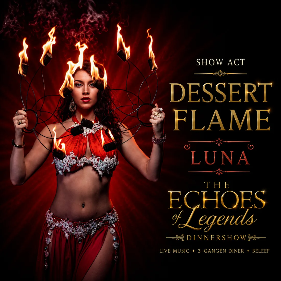 Posterbeeld van de show act Desert Flame, een danseres met een vuurkroon