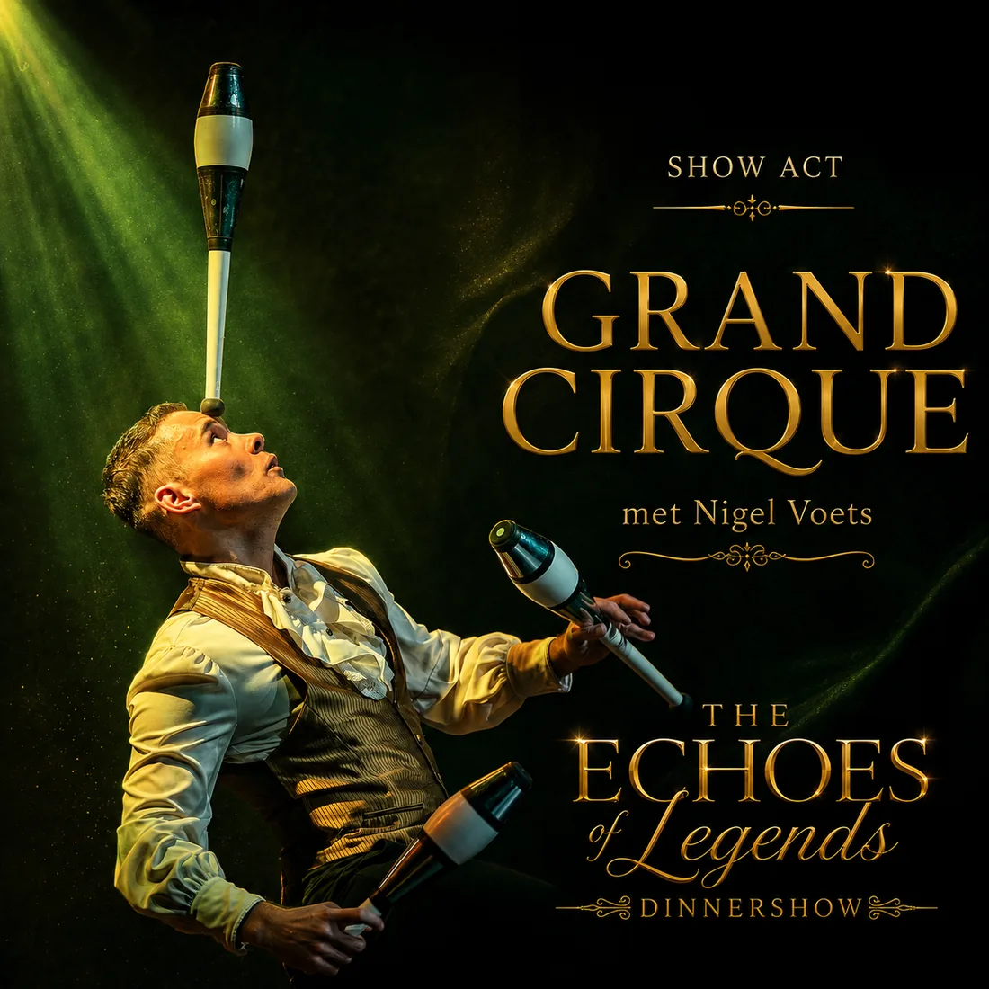 Posterbeeld van de show act Grand Cirque met Nigel Voets, jonglerend met kegels