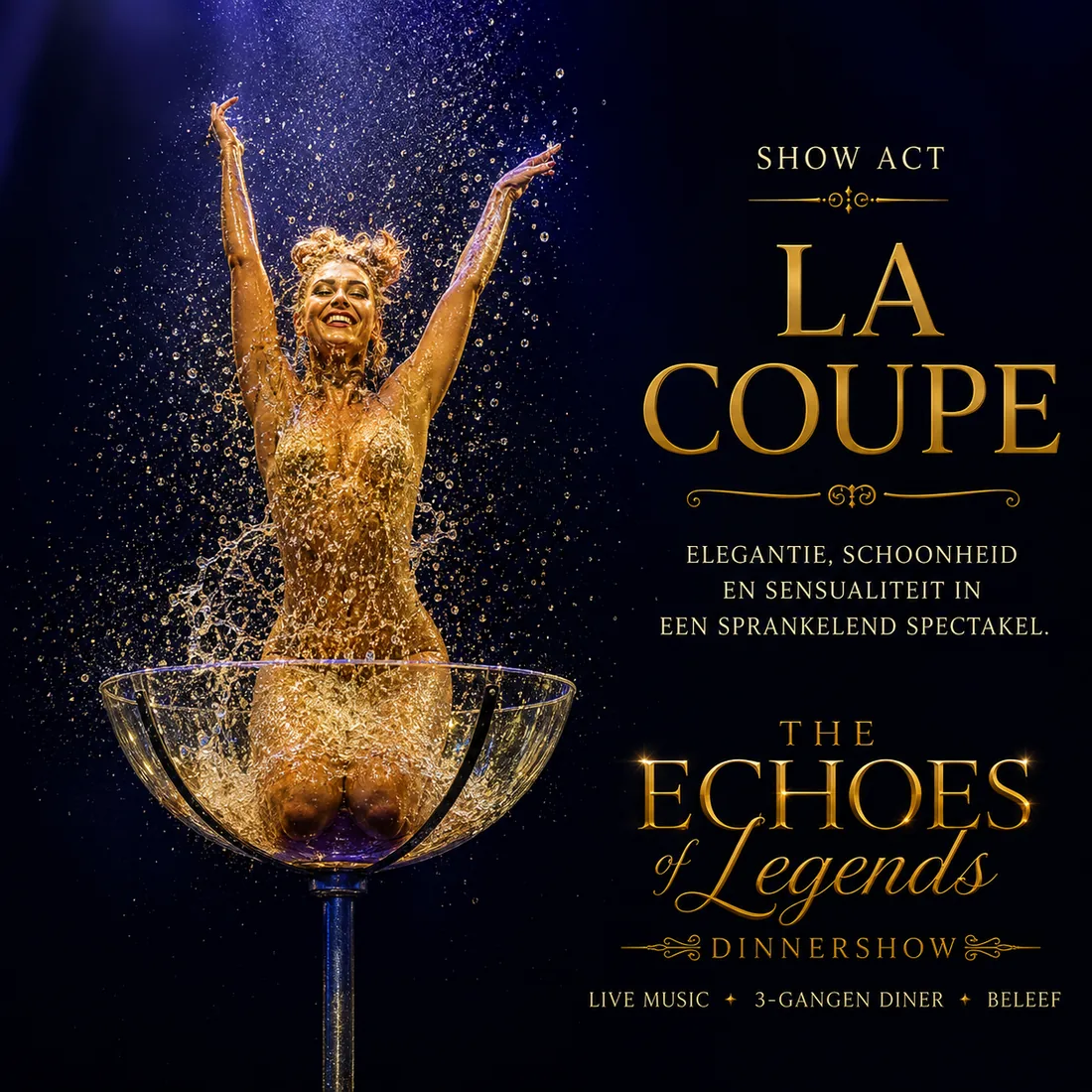 Posterbeeld van de show act La Coupe, een artieste in een groot champagneglas