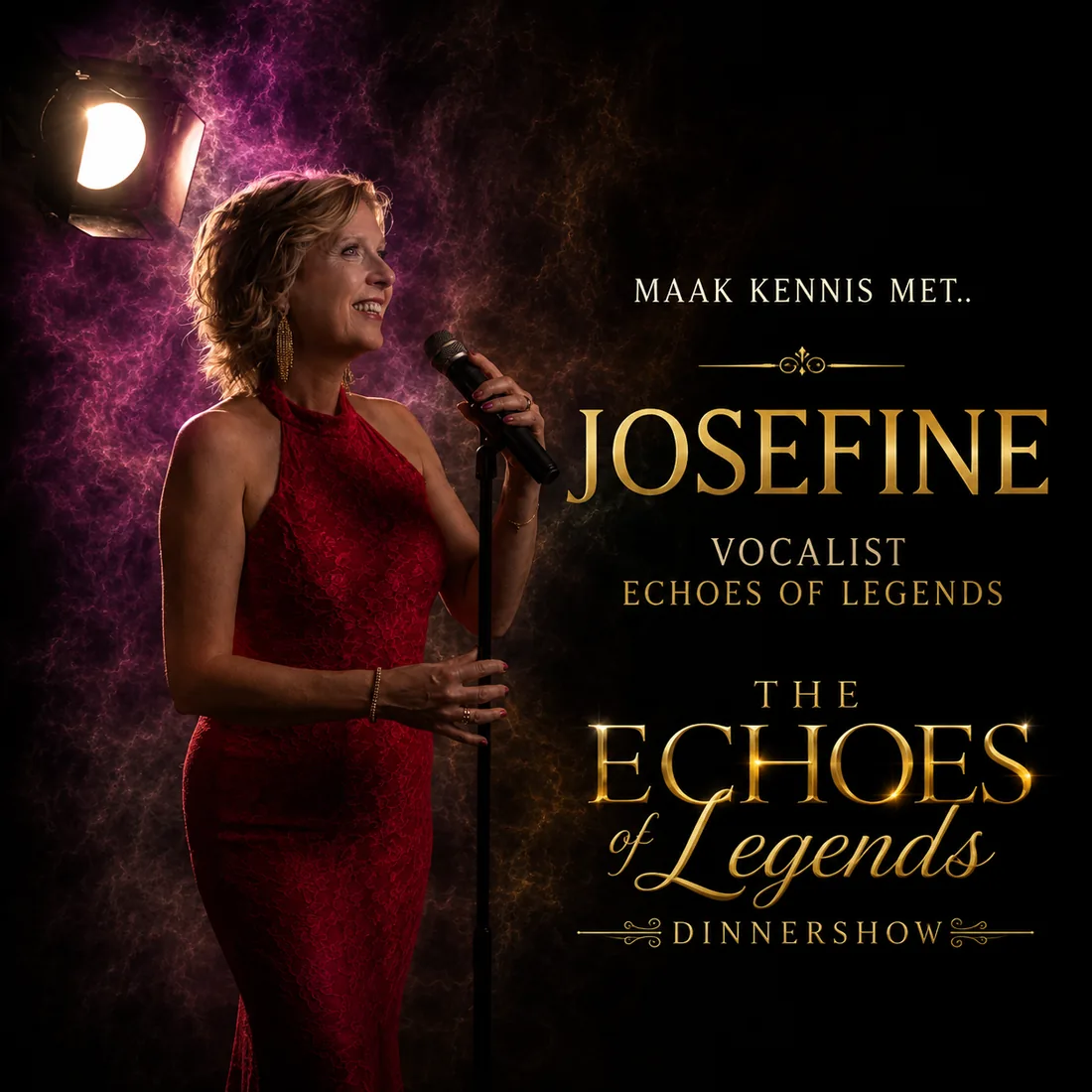 Posterbeeld van Josefine in een rode jurk met microfoon, met het logo van de Echoes of Legends dinnershow